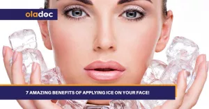 Woman applying ice on face