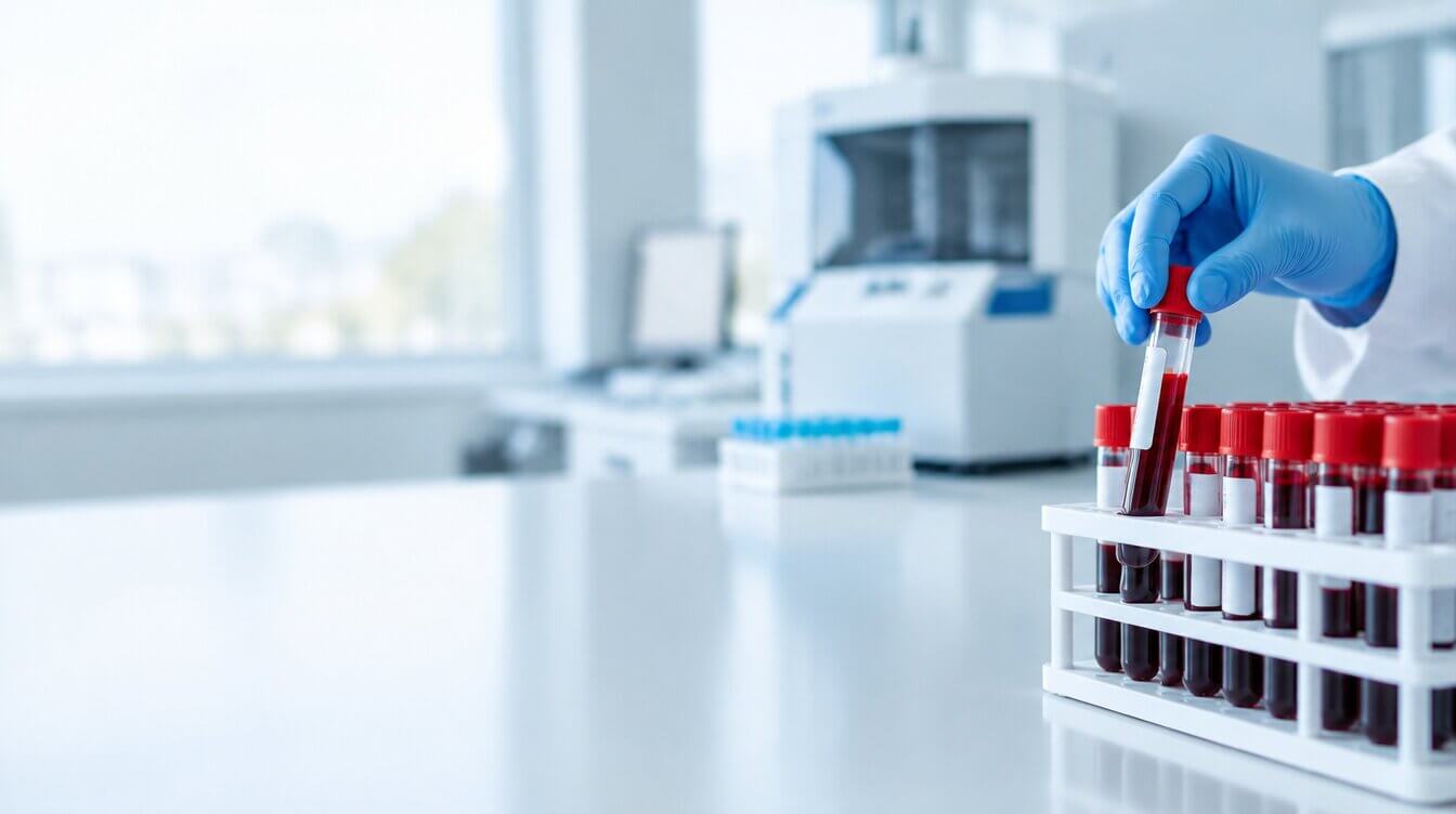 Lab technician examining blood sample test tubes before a lab report is prepared